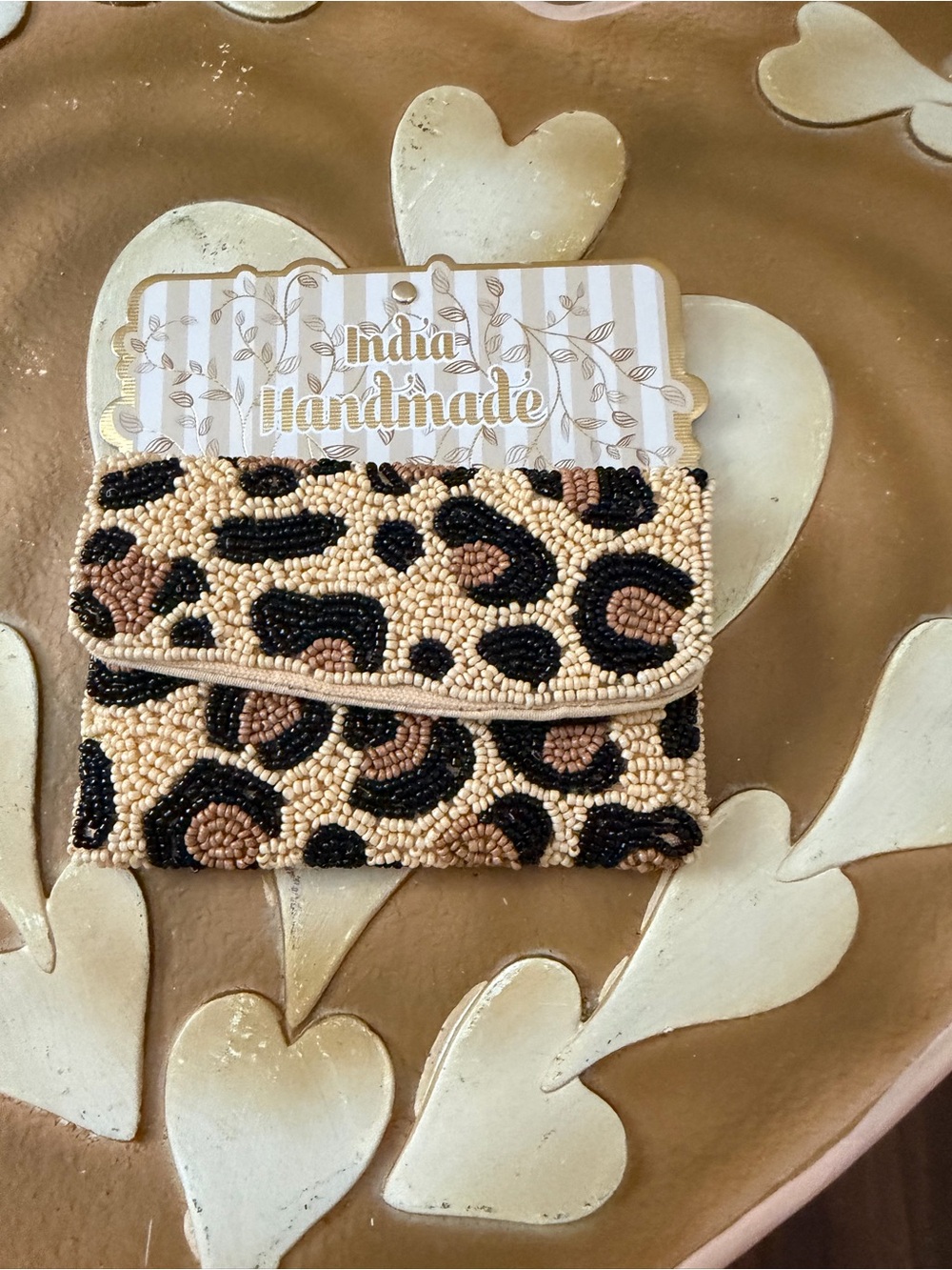 India Handmade Beaded Leopard Zippered Coin Travel Pouch Wallet